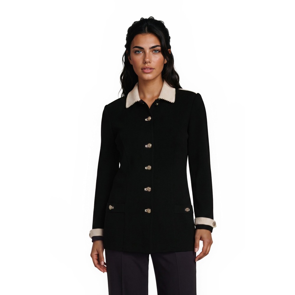St. John Collection Knit Jacket Blazer Women's Size 8 Black Cream Gold Buttons